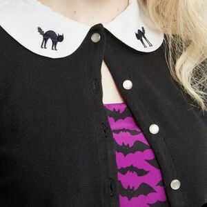 Modcloth Retro Halloween Cardigan Sweater Peter Pan Collar Cat Embroidery Xl